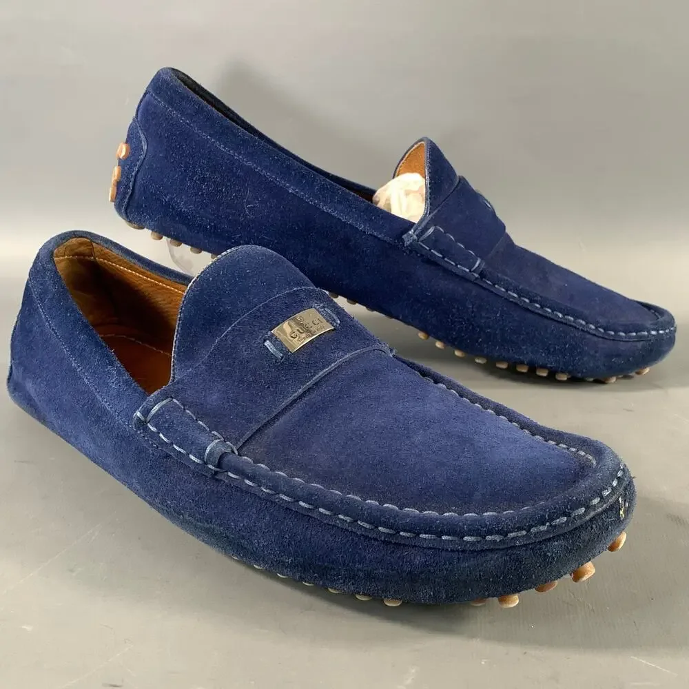 GUCCI Size 11 Blue Suede Slip On Loafers
